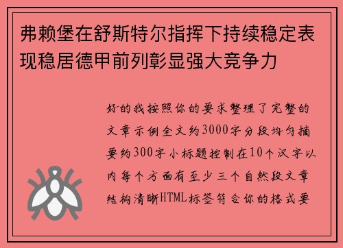 弗赖堡在舒斯特尔指挥下持续稳定表现稳居德甲前列彰显强大竞争力